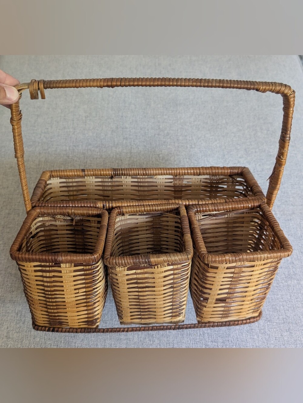 Vintage Wood Wicker Silverware Utensils Napkin Organizer w/ Handle Picnic Caddy